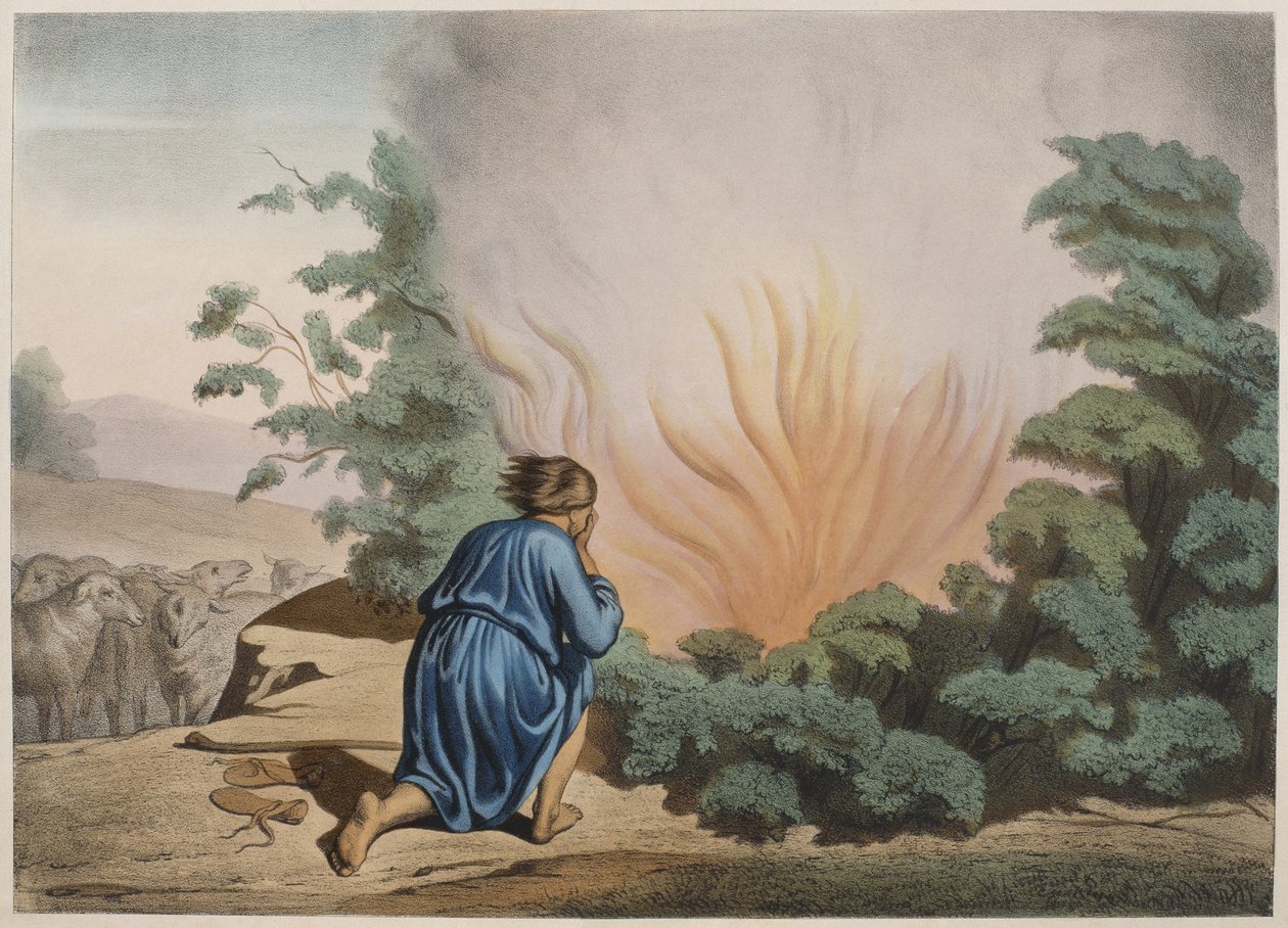 Moisés y la zarza ardiente, ilustración de un catecismo L