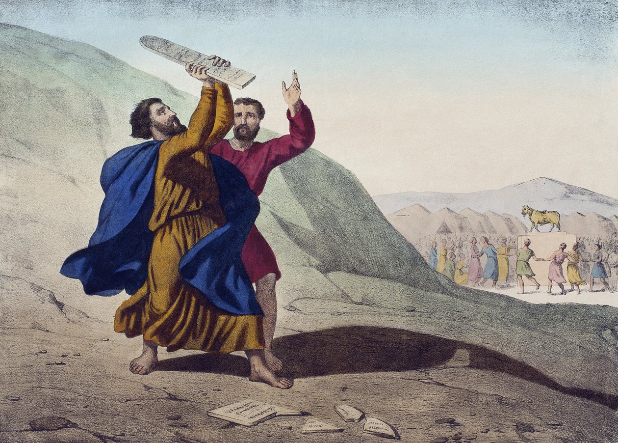 Moisés rompiendo las Tablas de la Ley y la Adoración del Becerro de Oro, ilustración de un catecismo L