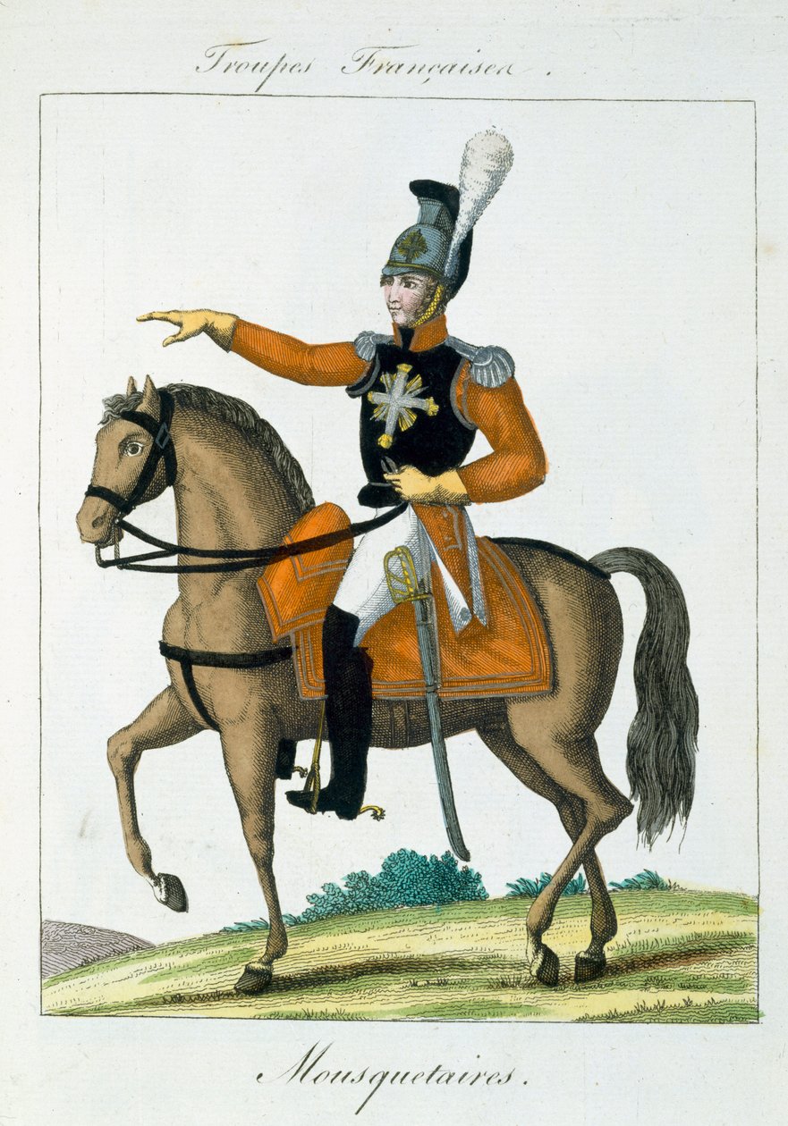 Mosquetero Montado, de Troupes Francaises, pub. chez Basset, París, c.1790 de French School