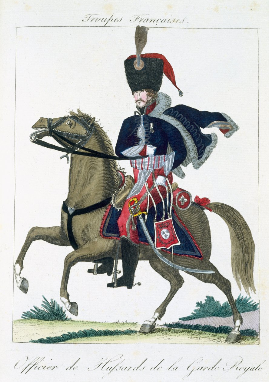 Oficial Montado de los Húsares de la Guardia Real, de Troupes Francaises, pub. chez Basset, París, c.1790 de French School
