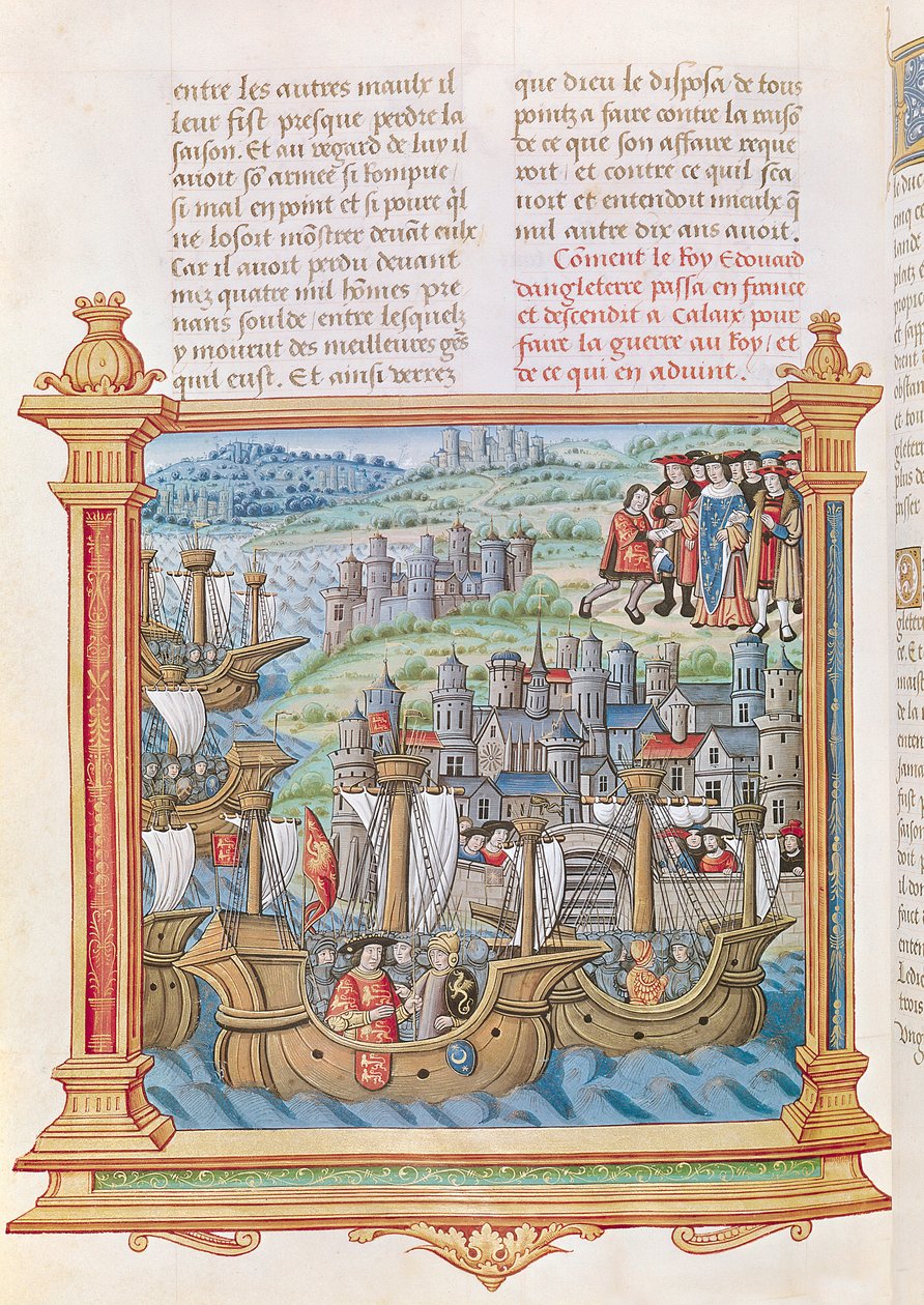 Ms.18 f.109v Eduardo IV de Inglaterra desembarcando en Calais, de las Memorias de Philippe de Commines de French School