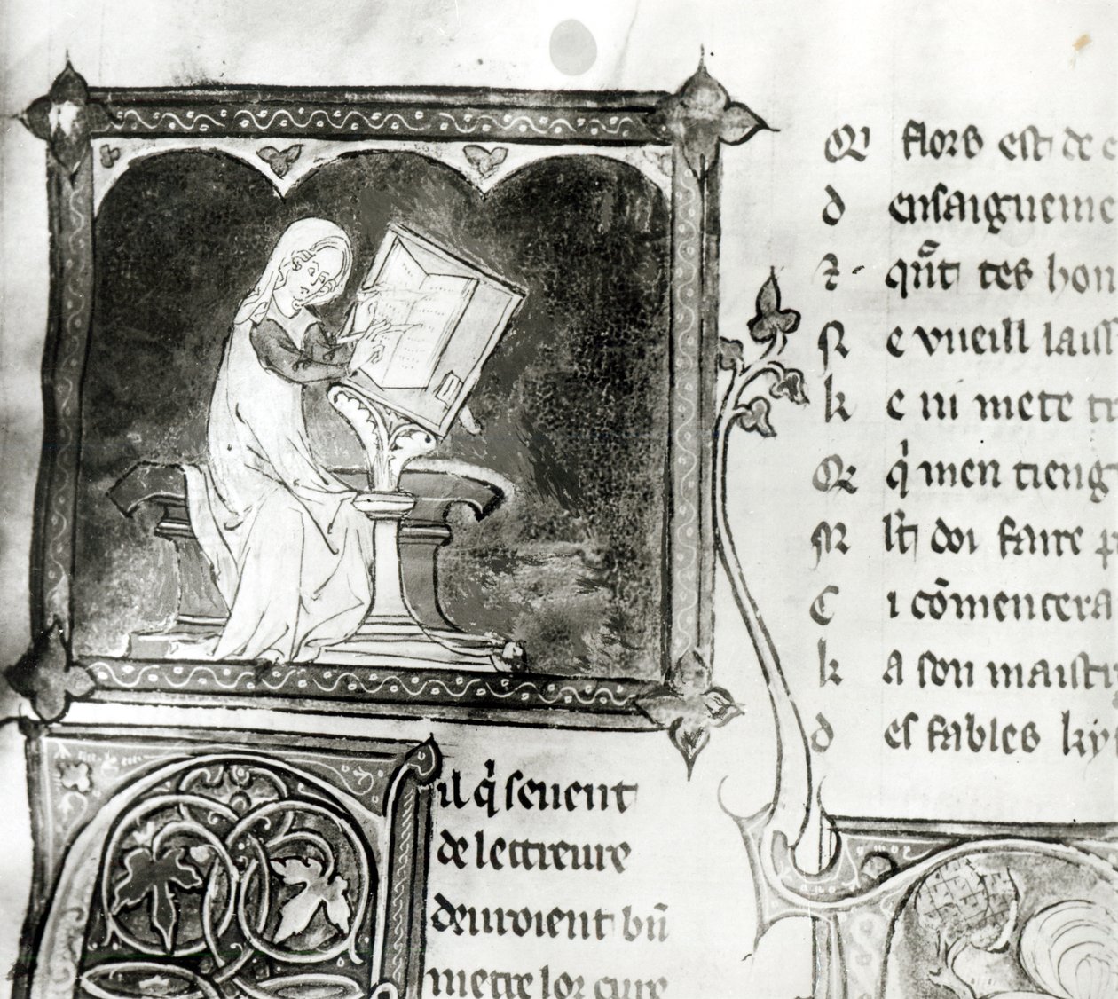 Ms.3142 fol.256 María de Francia (fl. siglo XII) escribiendo, de una Antología de Poemas Franceses, c.1280-90 (detalle) de French School