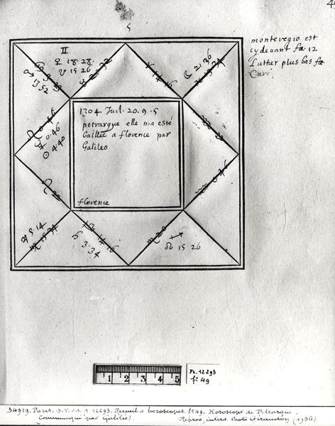 Ms.Fr.12293 fol.49 Horóscopo de Petrarca (1304-74) por Galileo, de una colección de horóscopos de figuras del siglo XIV al XVII de French School