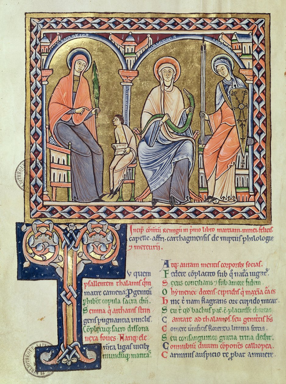 Ms 1041 f.1v Gramática, Dialecto y Retórica de Satyricon por Martianus Capella, c.1200 de French School