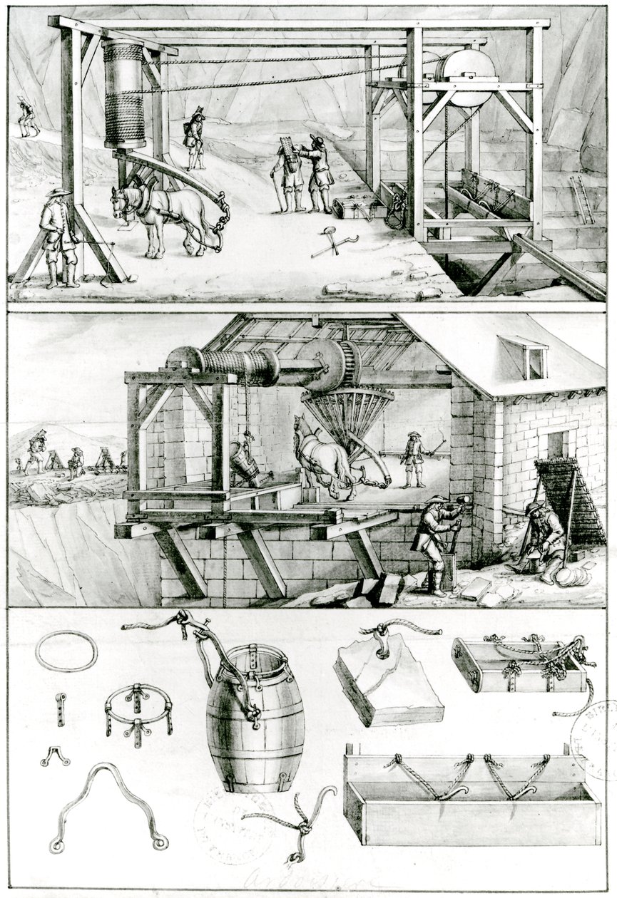 Ms 1064 fol.8 Una cantera de pizarra, de Descriptions des Arts et Metiers de French School