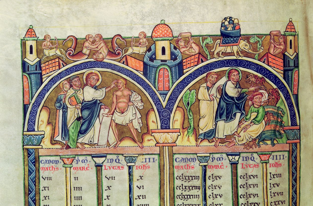 Ms 10 f.128v Canon de los Evangelistas, detalle que representa a Cristo sanando al hombre con hidropesía y expulsando demonios de un hombre poseído, de una Biblia Latina de French School