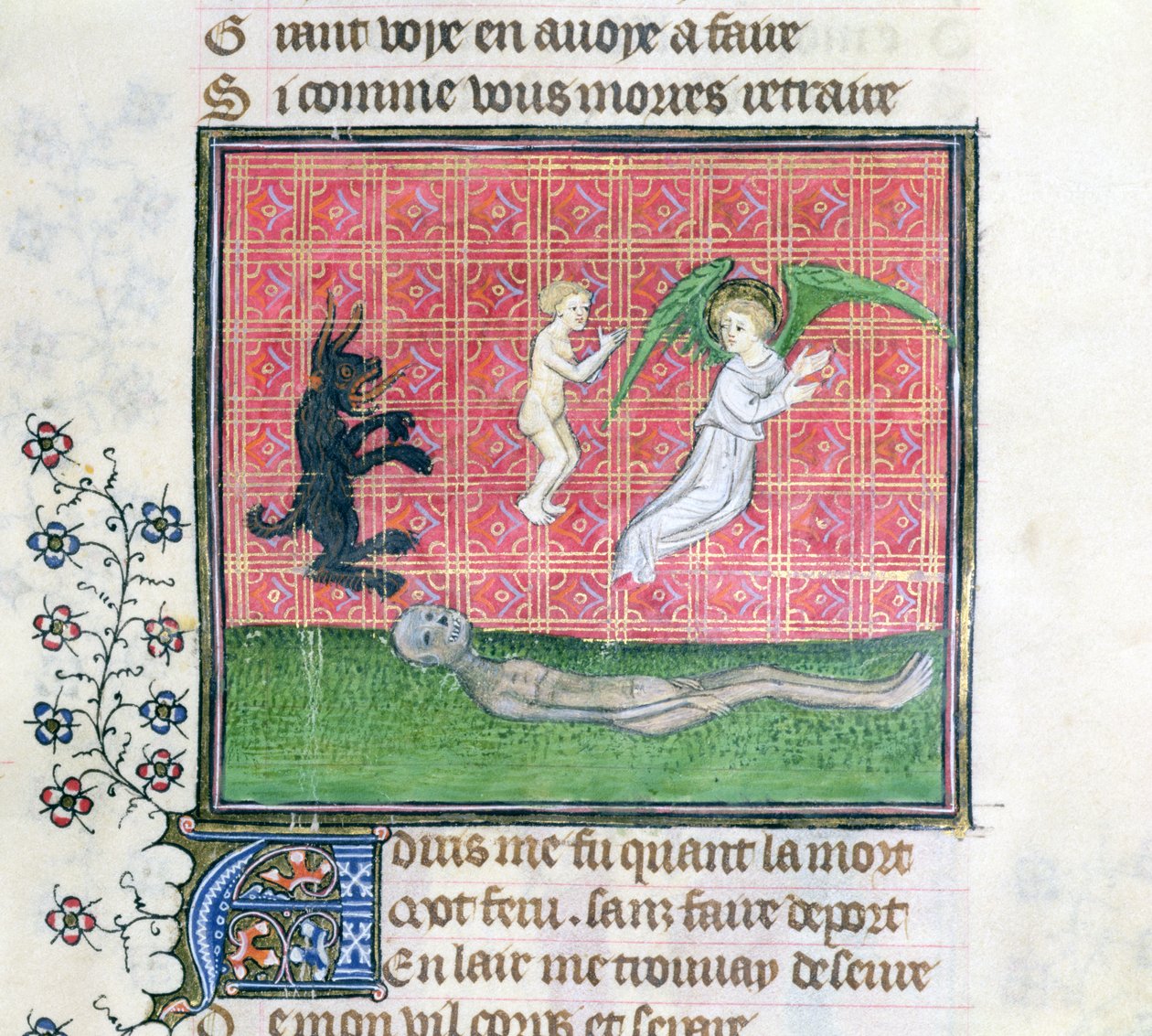 Ms 1130 Alma dejando el cuerpo acompañada por un ángel, miniatura de Le Livre des Proprietes des Choses por Barthelemy l