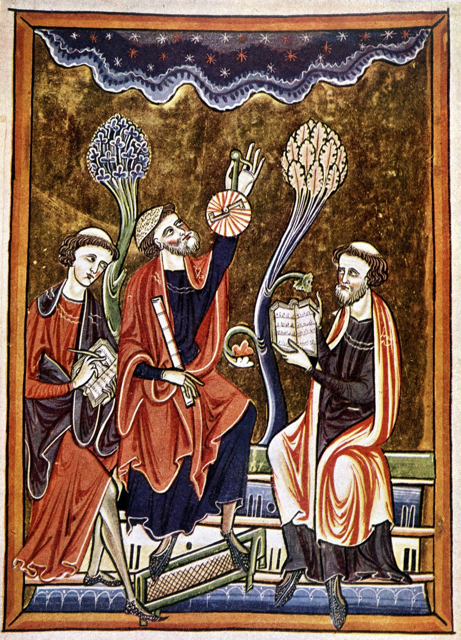 Ms 1186 f.1, El Astrónomo, el Escriba y el Computista, facsímil de una miniatura tomada del Libro de Salmos (Salterio) de San Luis y Blanca de Castilla de French School