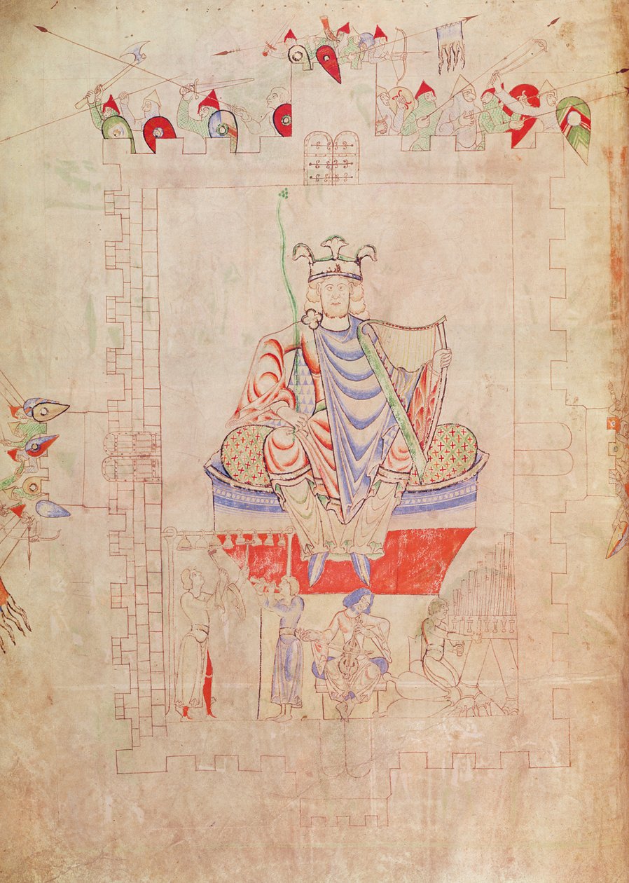 Ms. 1215 t.3 fol.13v Rey David en majestad en el centro de Jerusalén, 1109 de French School