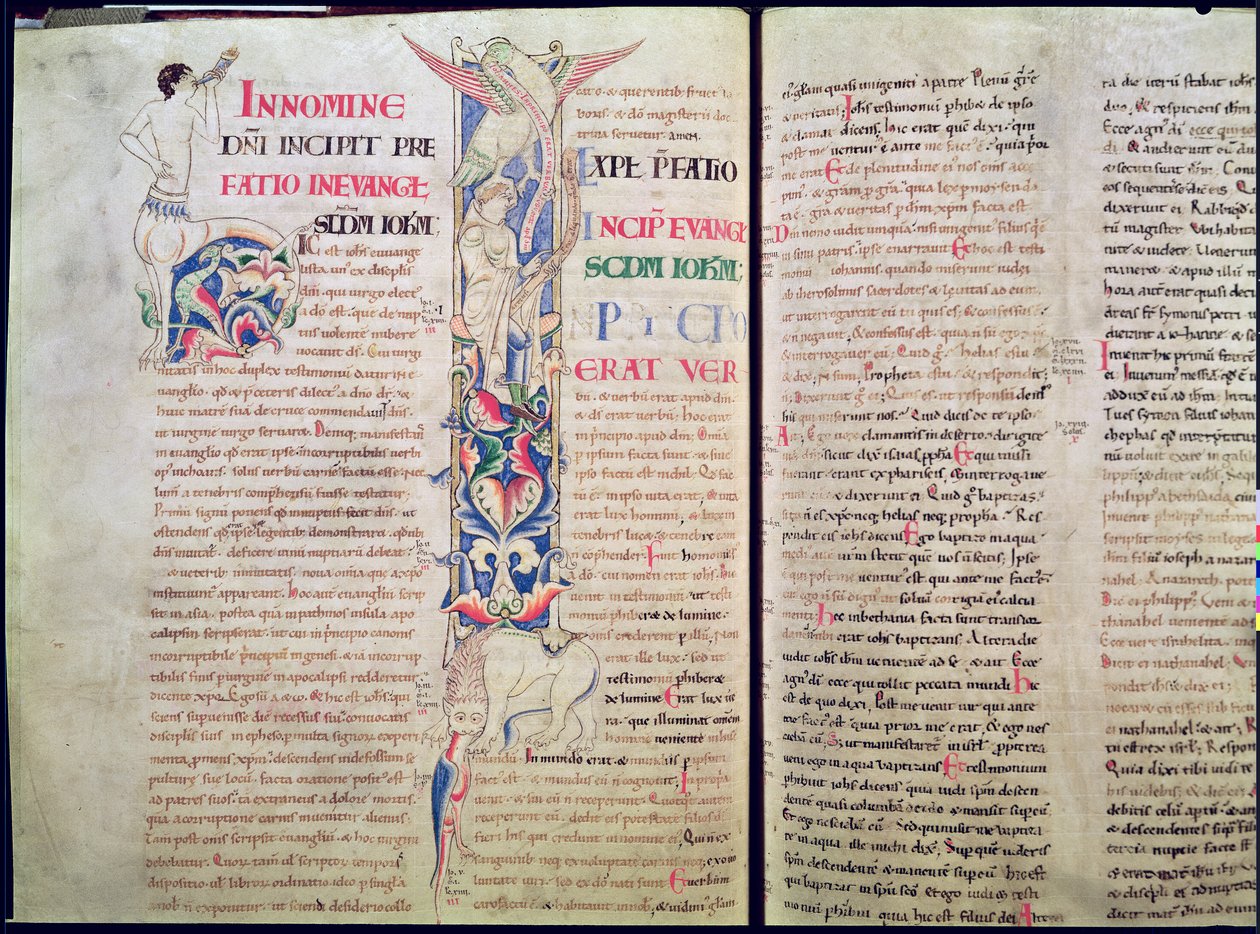 Inicial historiada H que representa a un centauro e inicial historiada I que representa al águila de San Juan silenciando al hereje Arrio, del Evangelio de San Juan, Biblia de San Etienne de French School