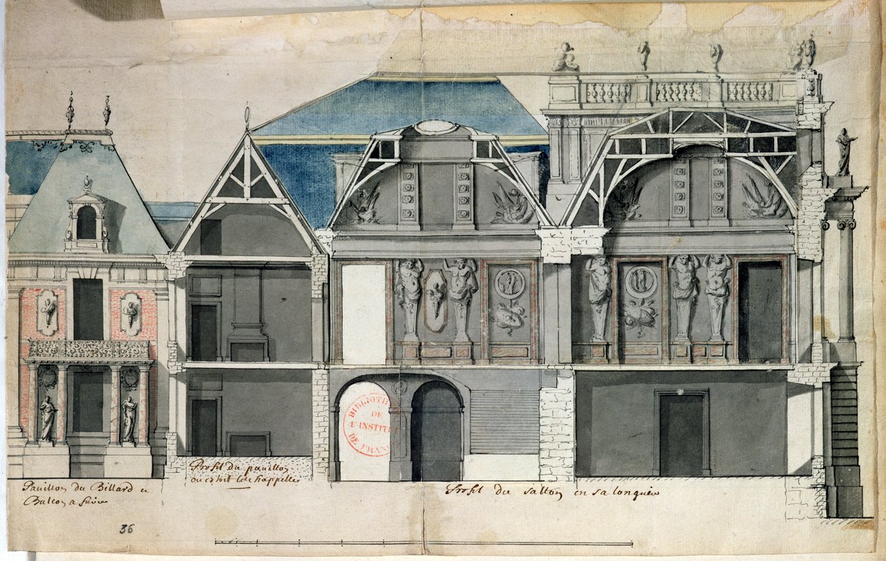 Sección transversal de un ala del Château de Versailles construido por Louis Le Vau de French School