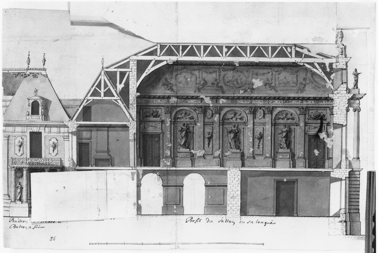 Sección transversal sur-norte del Gran Salón y la Sala de Diana del Chateau de Versailles construidos por Louis Le Vau de French School