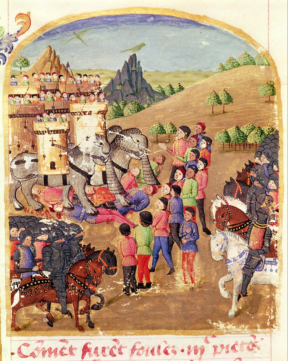 Ms 1335 fol.217 Los elefantes de guerra, de la Vida de Alejandro Magno de French School