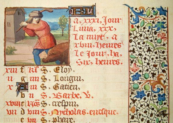 Ms 134 Diciembre: Matando un Cerdo, de un Libro de Horas de French School