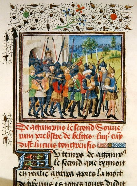 Ms 149 t.1 fol.45 Un ejército en campaña, de la Histoire des Nobles Princes de Hainaut, por Jacques de Guise de French School