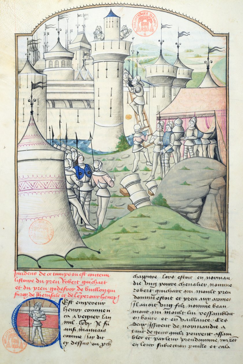 Captura de Jerusalén en 1099 por Godofredo de Bouillón y los Cruzados durante la Primera Cruzada, miniatura de Fleur des Histoires de French School