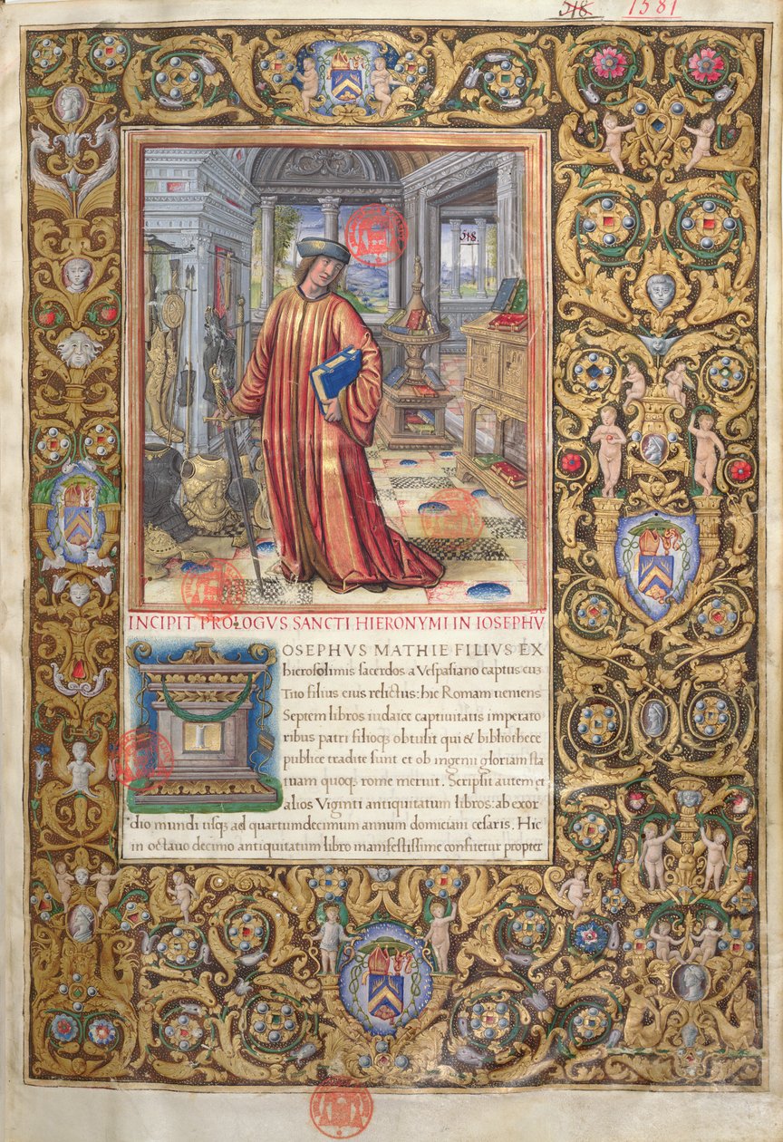 Flavio Josefo en su estudio, ilustración para el Prólogo de las Antigüedades de los Judíos (Antiquitates Judaicae) de Flavio Josefo, c.1503 de French School
