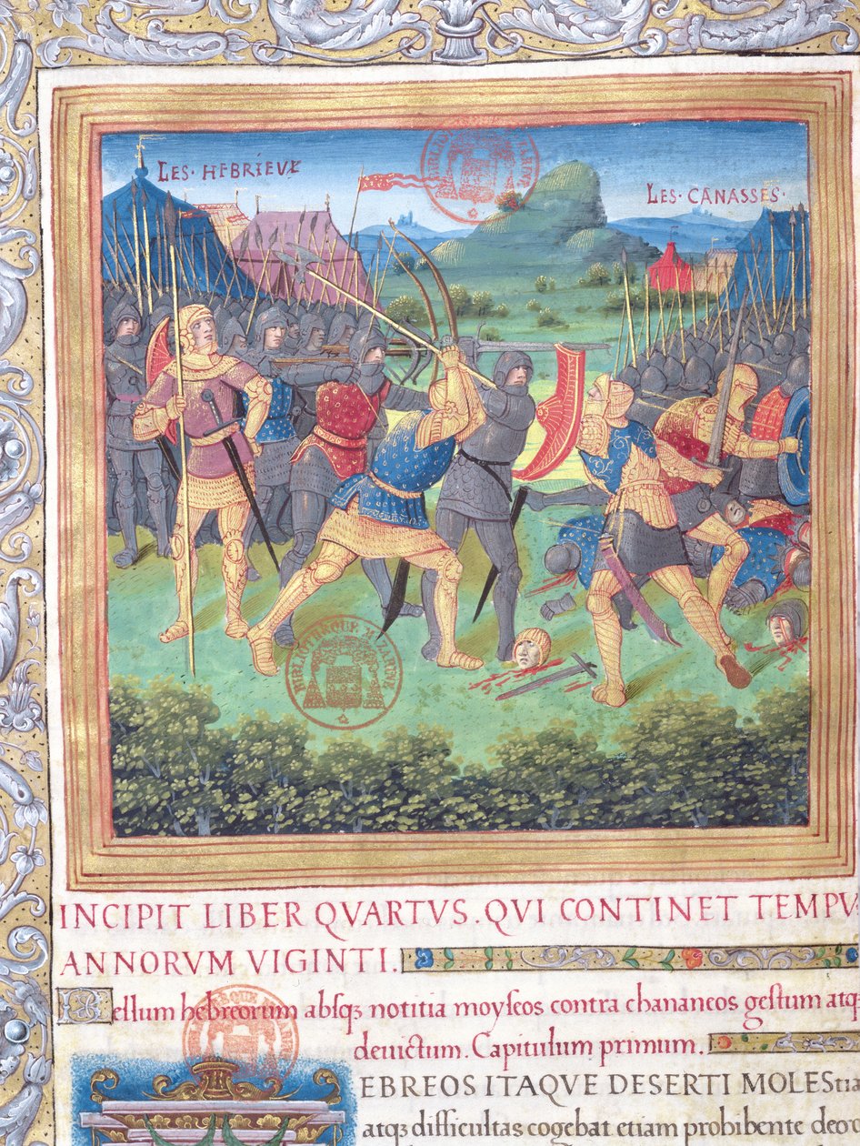 Ilustración del Libro IV (Desde el Rechazo de esa Generación hasta la Muerte de Moisés), Capítulo 1 de las Antigüedades de los Judíos (Antiquitates Judaicae) de Flavio Josefo - Lucha de de French School