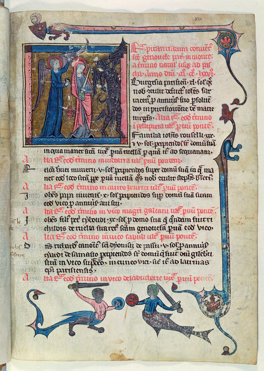 Ms 16261 fol.13v Santa Genoveva luchando contra un demonio con la ayuda de un ángel, del Censier de l