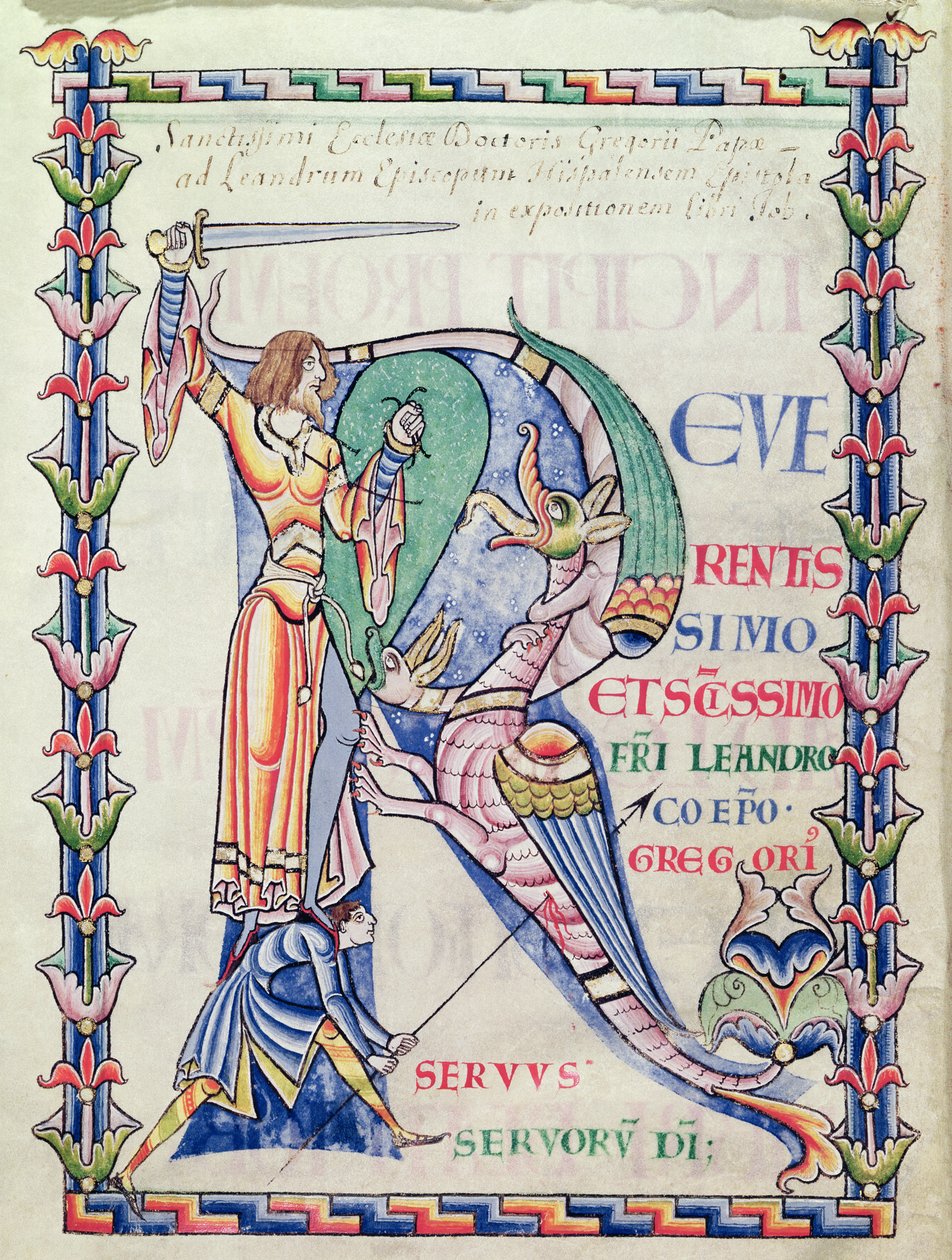 Inicial historiada R que representa a un caballero luchando contra un dragón, del Moralia in Job de Papa Gregorio el Grande de French School