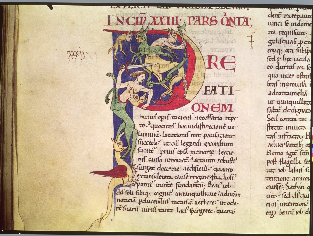 Ms 173 Inicial historiada P que representa centauros, dragones y monstruos, de Moralia in Job por el Papa Gregorio el Grande de French School