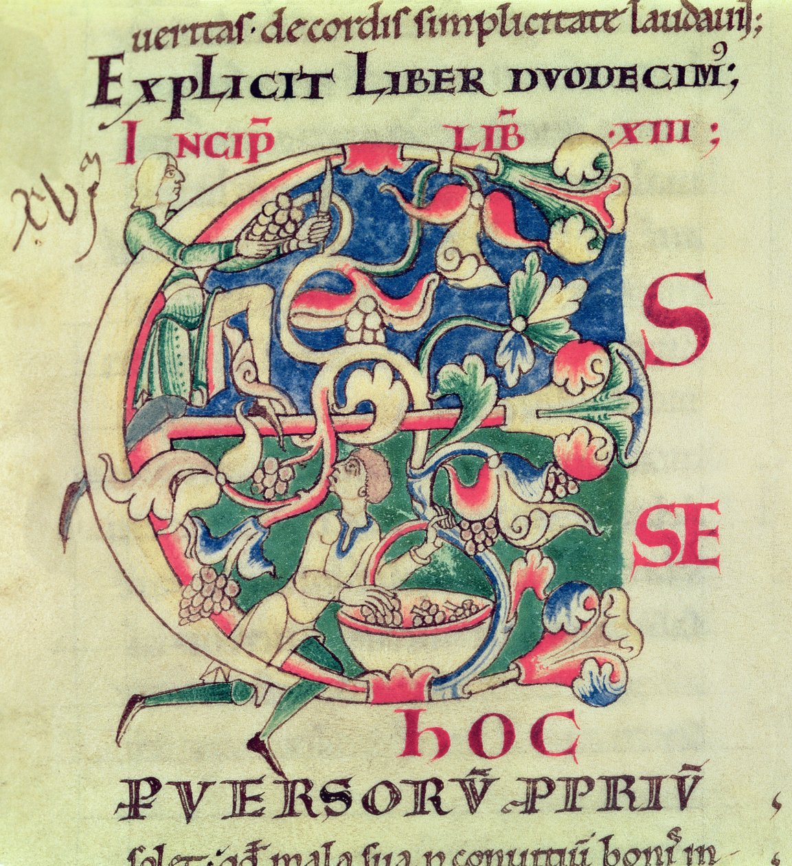 Inicial historiada E que representa la cosecha de uvas, de Moralia in Job del Papa Gregorio el Grande de French School