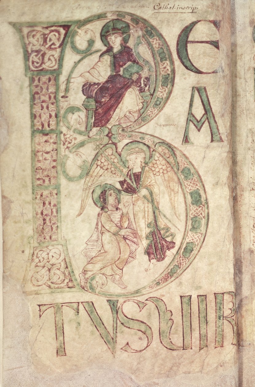 Inicial historiada B que representa a San Juan Evangelista y un ángel, del Salterio de Corbie de French School