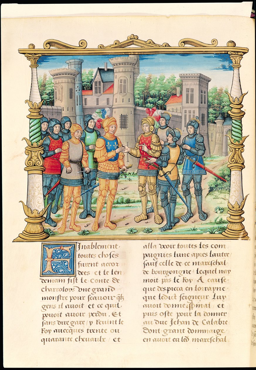 Ms 18 f.32v El Tratado de Conflans entre Luis XI y Carlos el Temerario, Duque de Borgoña, octubre de 1465, de las Memorias de Philippe de Commines de French School