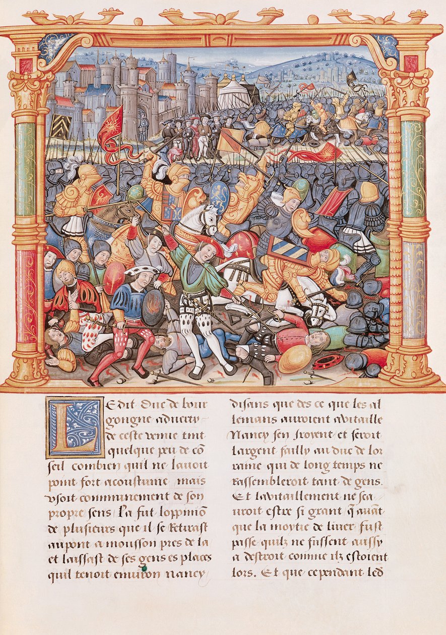 Ms 18 fol.150r Batalla de Nancy en 1477, de los Memorias de Philippe de Commines de French School