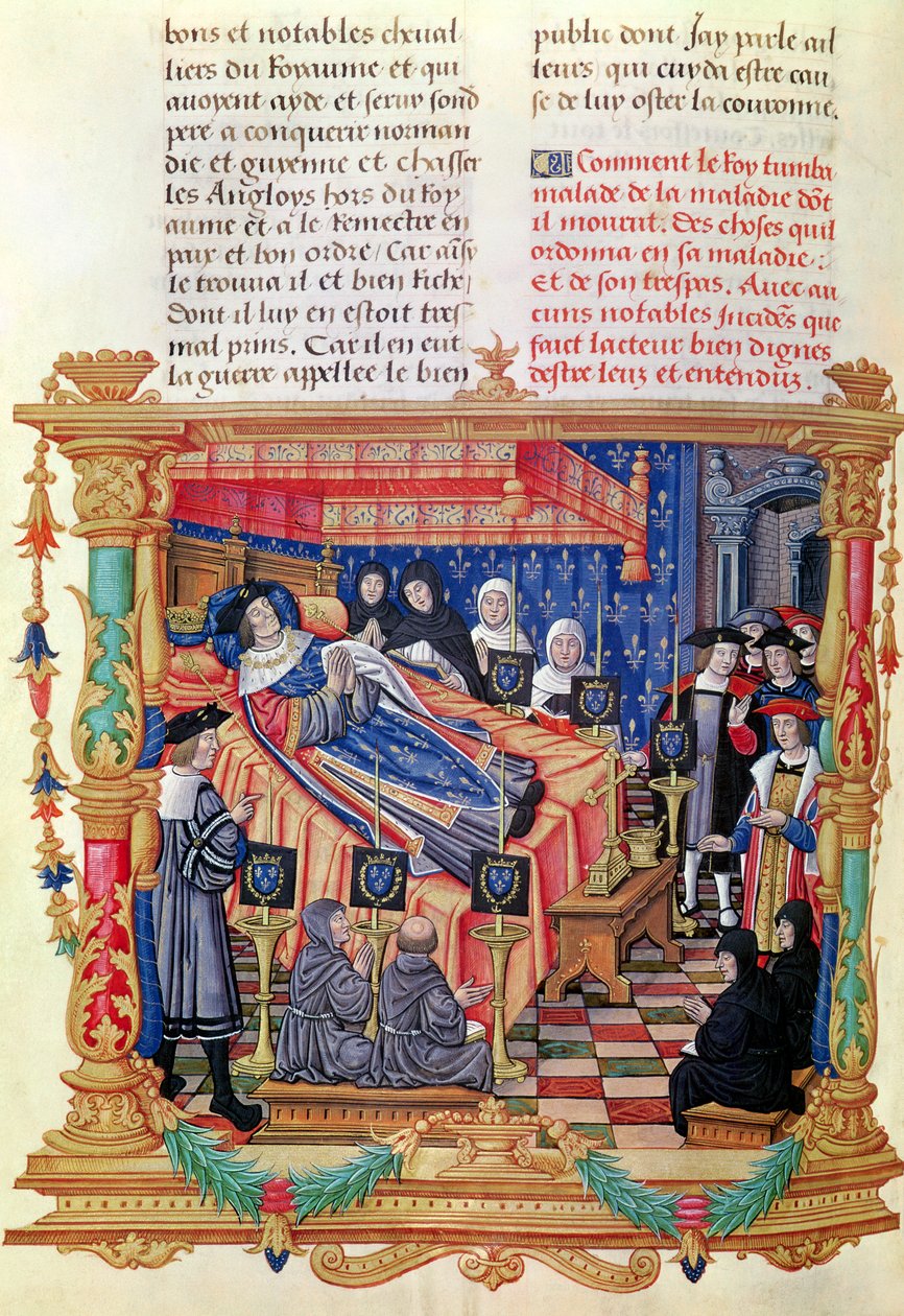 La muerte de Luis XI (1461-83), de las Memorias de Philippe de Commynes, 1489-98 de French School