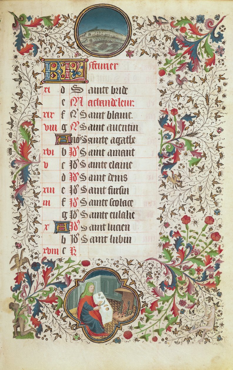 Ms 19 Febrero: Piscis y un hombre festejando, de un Libro de Horas, principios del siglo XV de French School