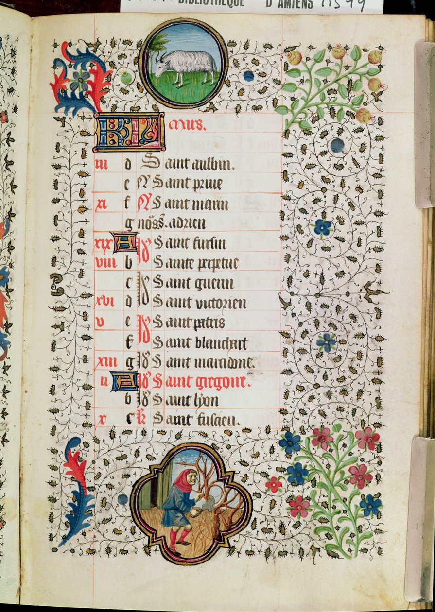 Ms 19 de marzo: Aries y un hombre talando árboles, de un Libro de Horas, principios del siglo XV de French School
