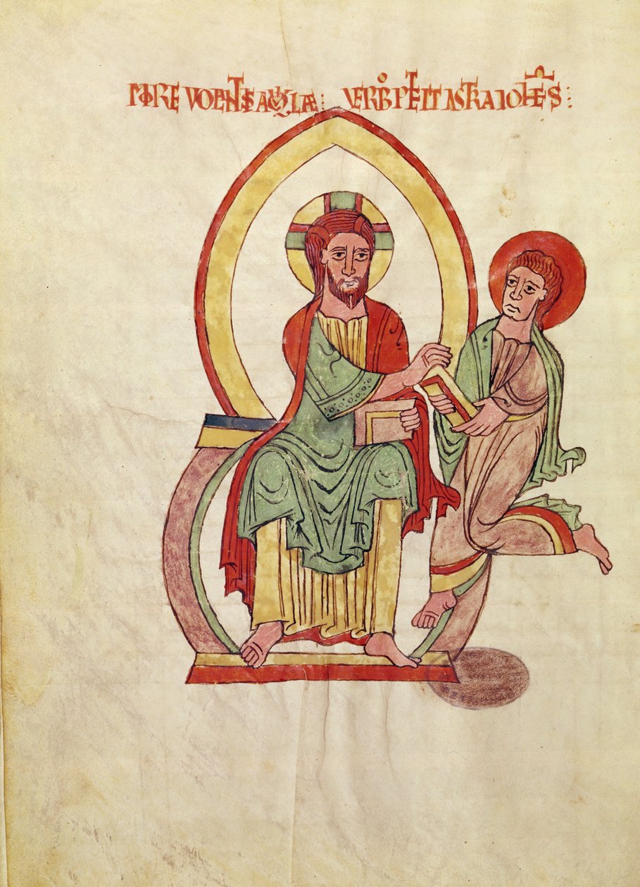San Juan corriendo para recibir el Evangelio de Cristo, sentado dentro de una mandorla, miniatura del Evangelio de Saint-Michel-de-Cuxa, c.1070-1130 de French School