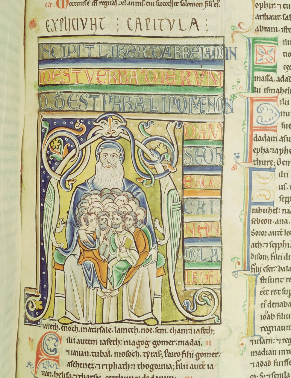 Ms 1 f.256 Letra historiada A que representa generaciones en el seno de Abraham, de la Biblia de Souvigny de French School