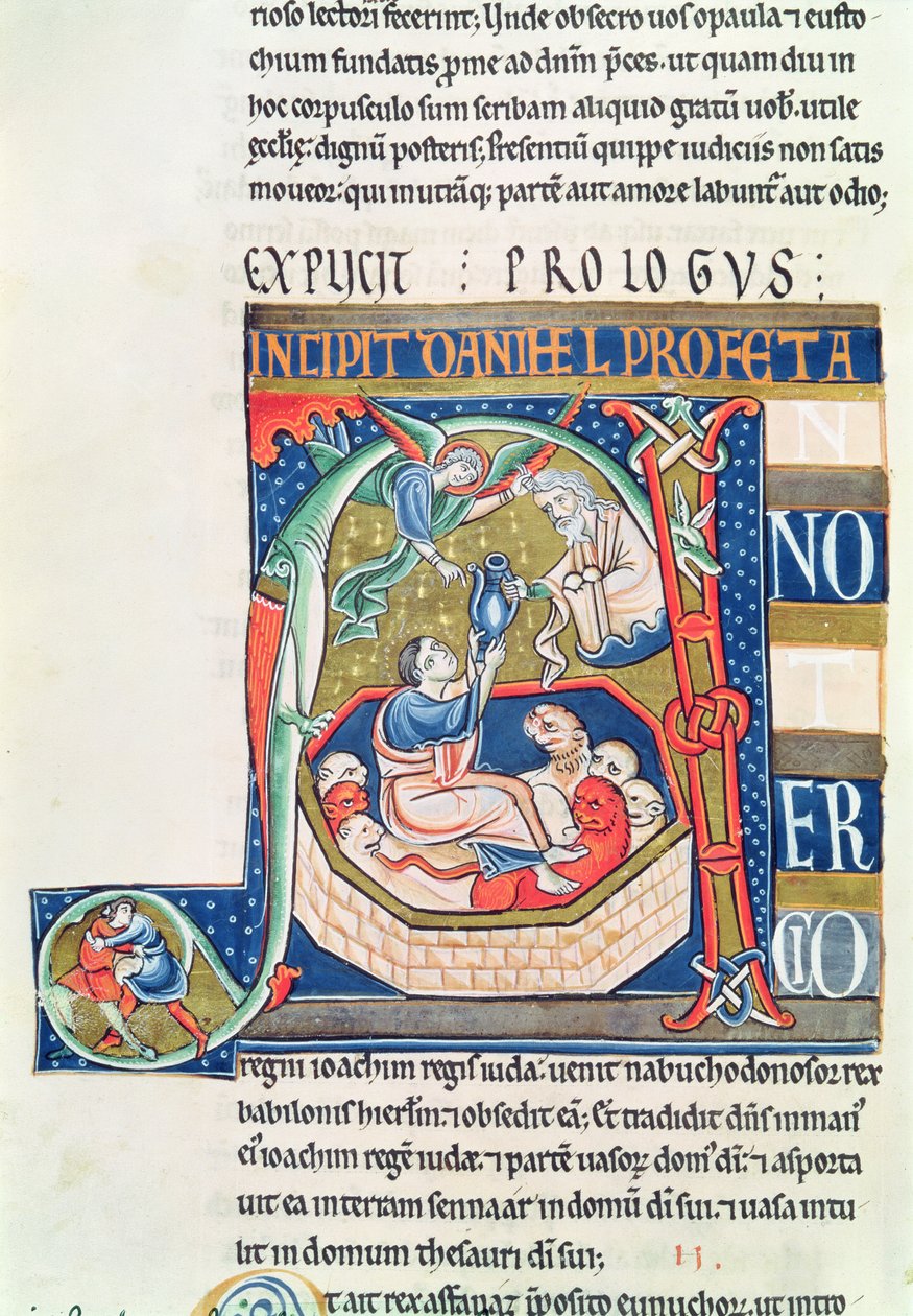Ms 1 fol.185v Inicial historiada A que representa a Daniel en el foso de los leones, de la Biblia de Souvigny de French School