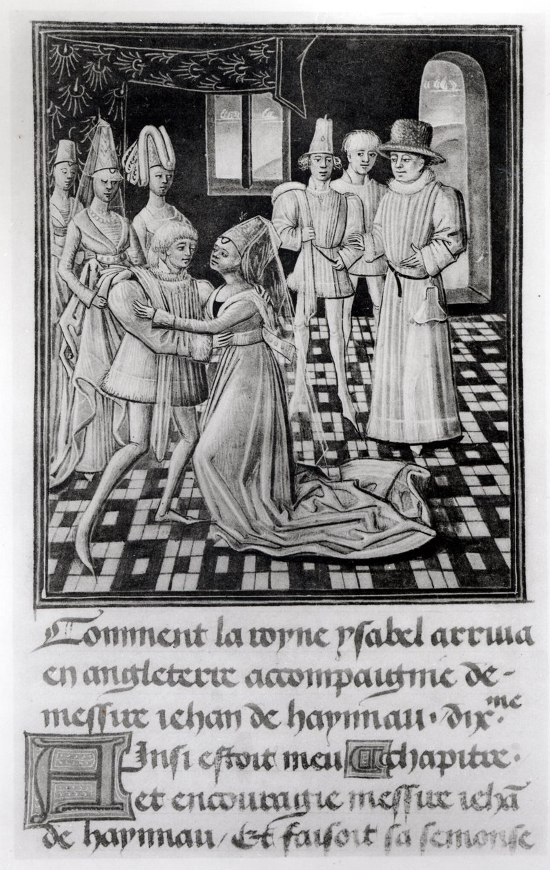 Ms. 1 fol. 6 v Isabel de Francia, Reina de Inglaterra, se despide de Guillermo I, Conde de Hainaut, de la Crónica de Froissart de French School