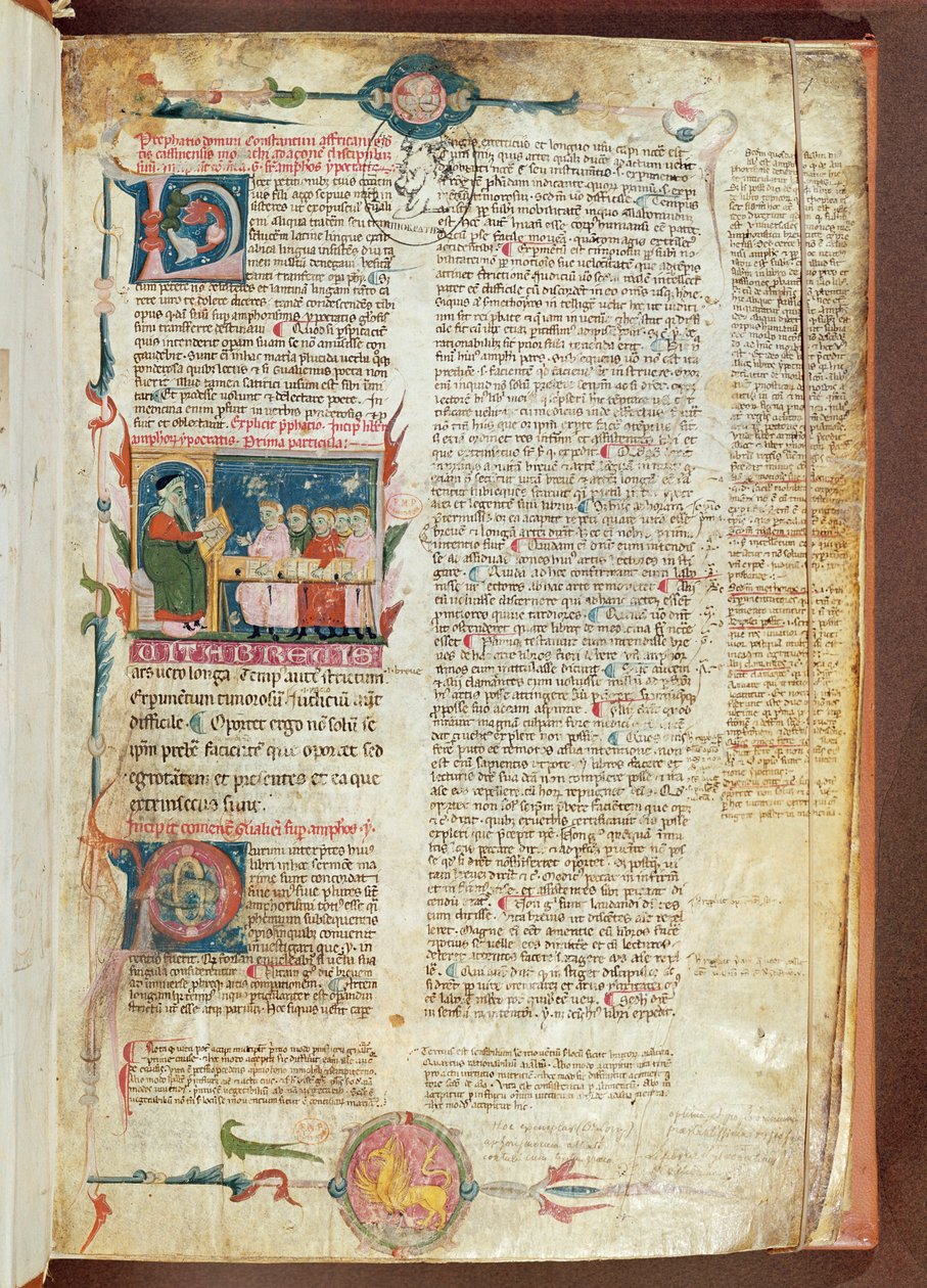 Ms. 2046 fol. 1 Escena de instrucción, primera página de Aforismos de Hipócrates con Comentarios de Galeno de French School