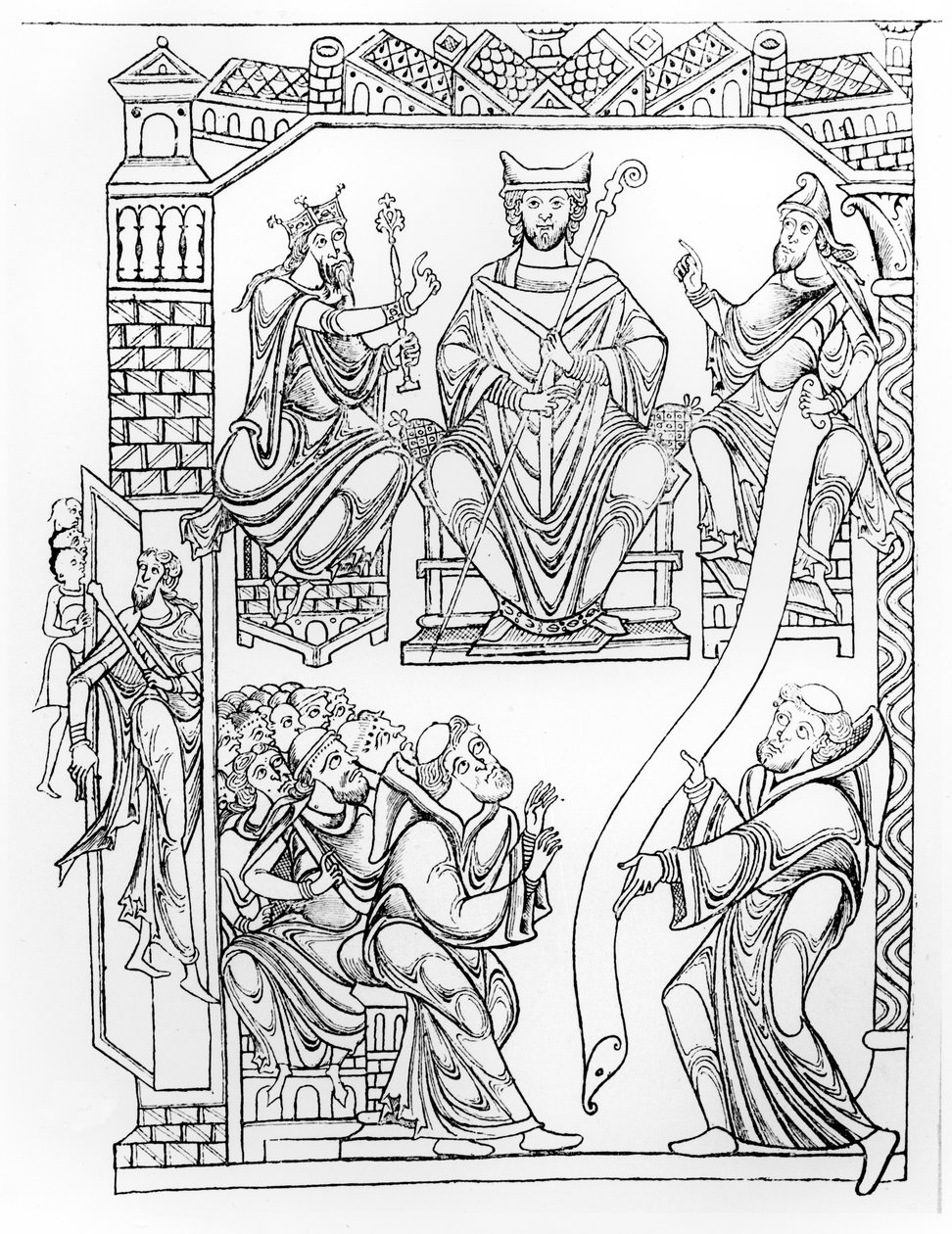 Cartulario de Mont Saint-Michel: el Duque Ricardo II de Normandía haciendo una donación de tierras y privilegios al monasterio de Mont St. Michel (grabado después de un dibujo de la década de 1150) de French School