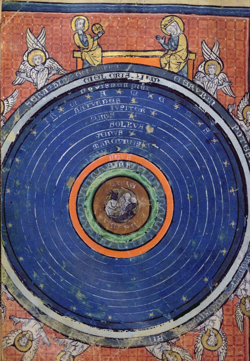 Ms 2200 f.115v. El Mundo, según Aristóteles, miniatura de De Philosophia Mundi por Guillaume de Conches (1100-54) 1276-77 de French School