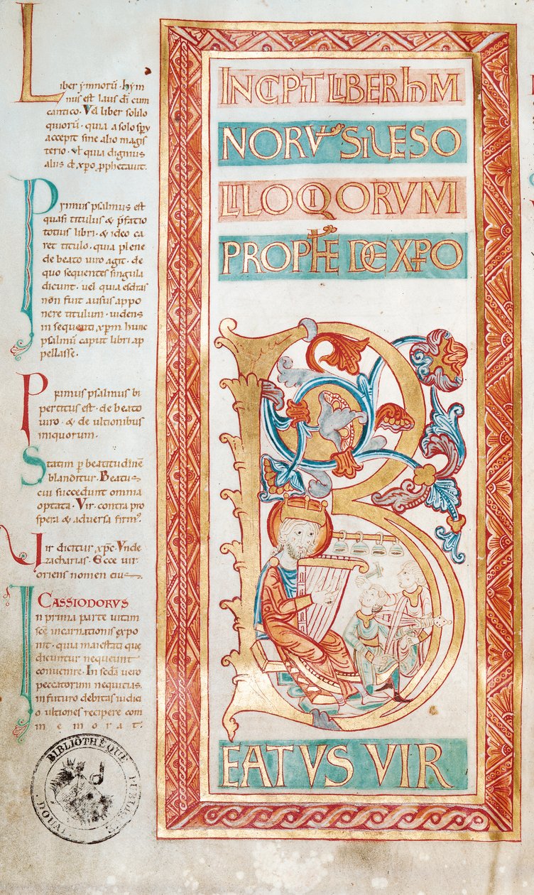 Ms 232 f.3v Inicial historiada B que representa al rey David, de un libro de salmos de French School
