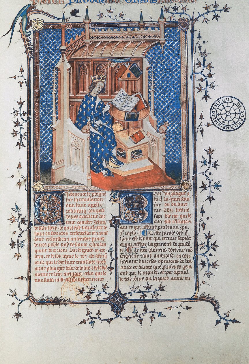 Ms 24287 fol. 2r Carlos V, el Sabio, Rey de Francia, de John of Salisbury, Polycraticus, traducido por Denis Foulechatis, c.1372 de French School