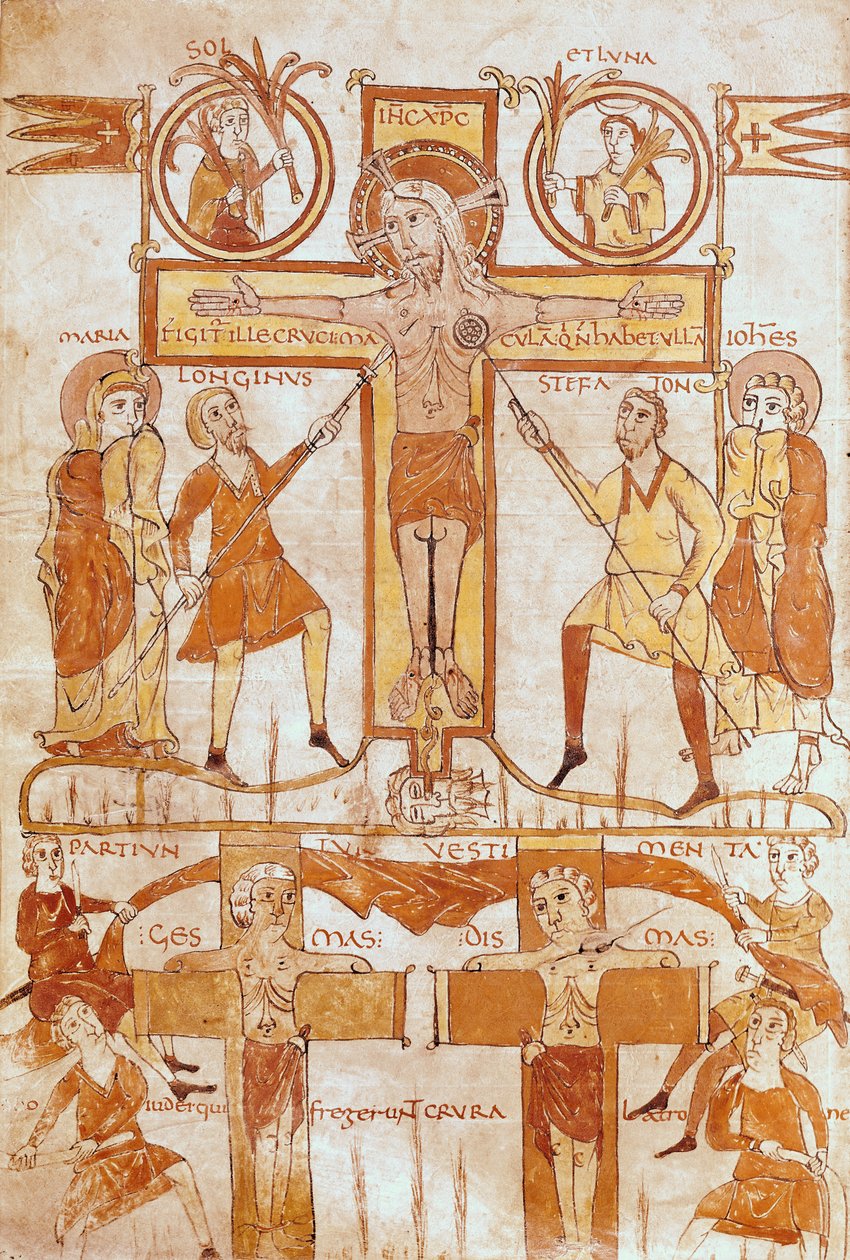 Ms 24 fol.7v La Crucifixión y la División de las Ropas del Salvador, de un Evangelio de French School