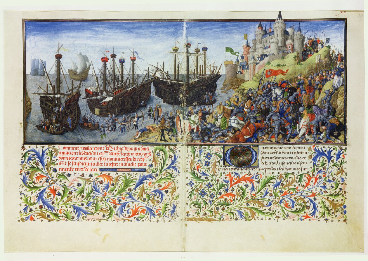 Ms 2617 El castillo de las Amazonas es sitiado por Teseo, Duque de Atenas, de La Teseida, por Giovanni Boccaccio (1313-75) 1340-41 de French School
