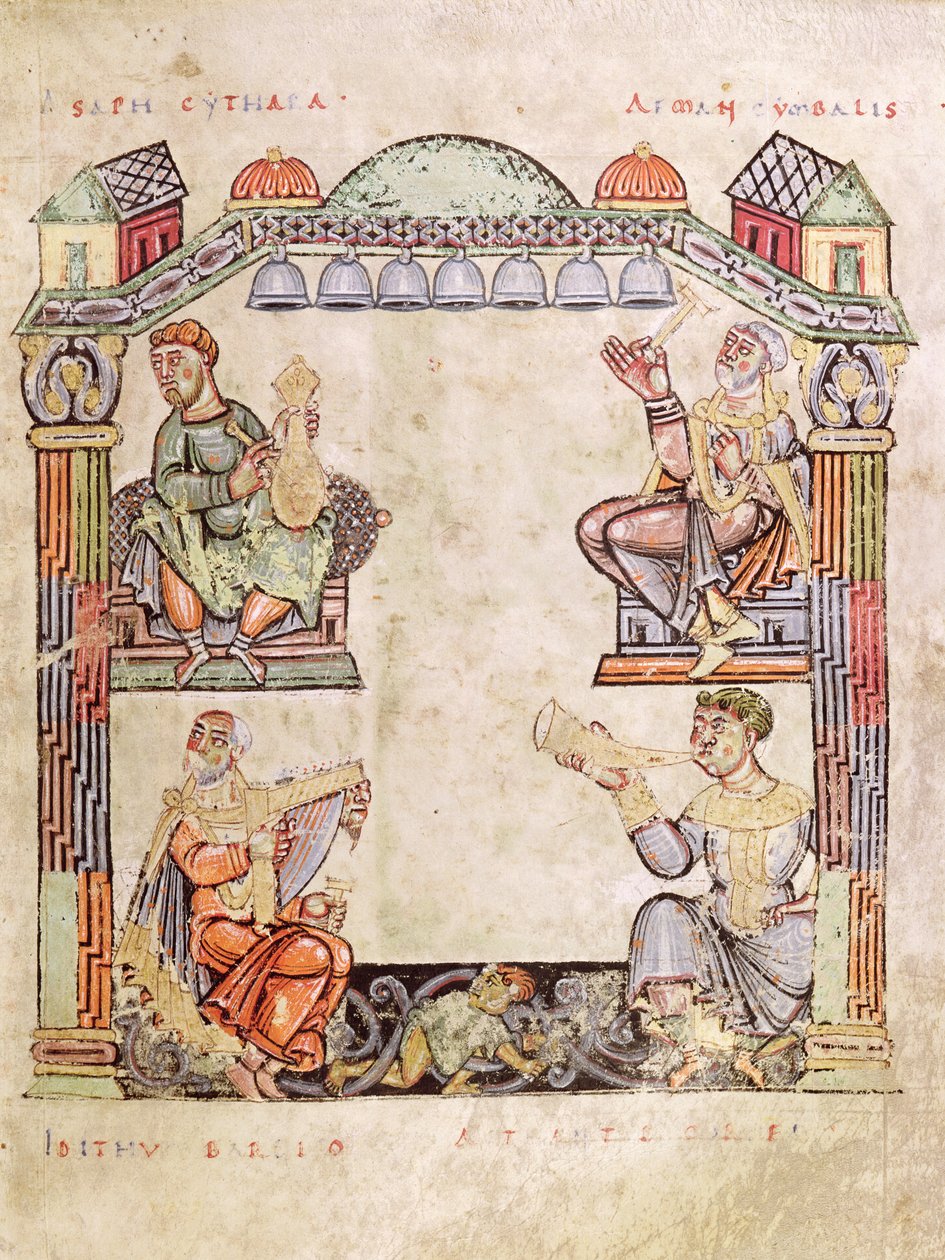 Ms 2 fol.11 (6) Cuatro músicos, de un Libro de Horas de French School