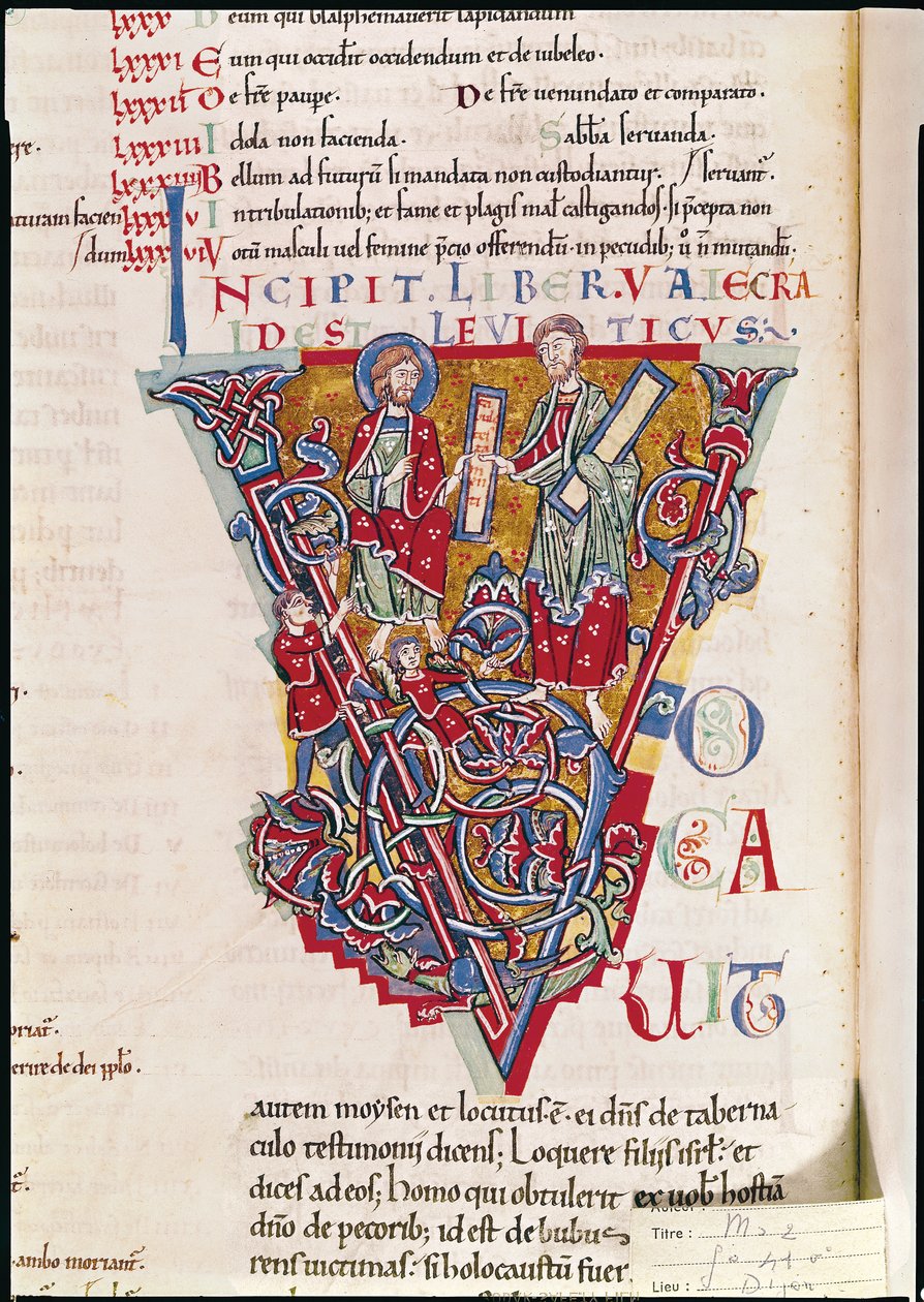 Inicial historiada V que representa una escena del Libro de Levítico, de la Biblia de St. Benigne de French School