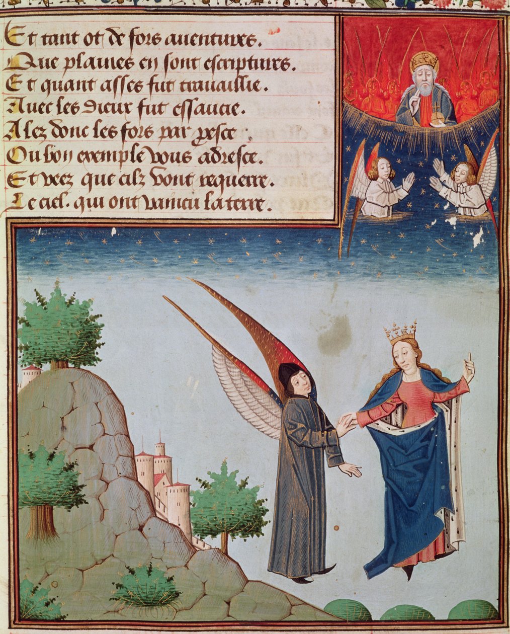 Ms 3045 fol.94r La Filosofía guía a Boecio en vuelo hacia el cielo con las alas que le ha dado; Dios Padre observa en bendición de French School