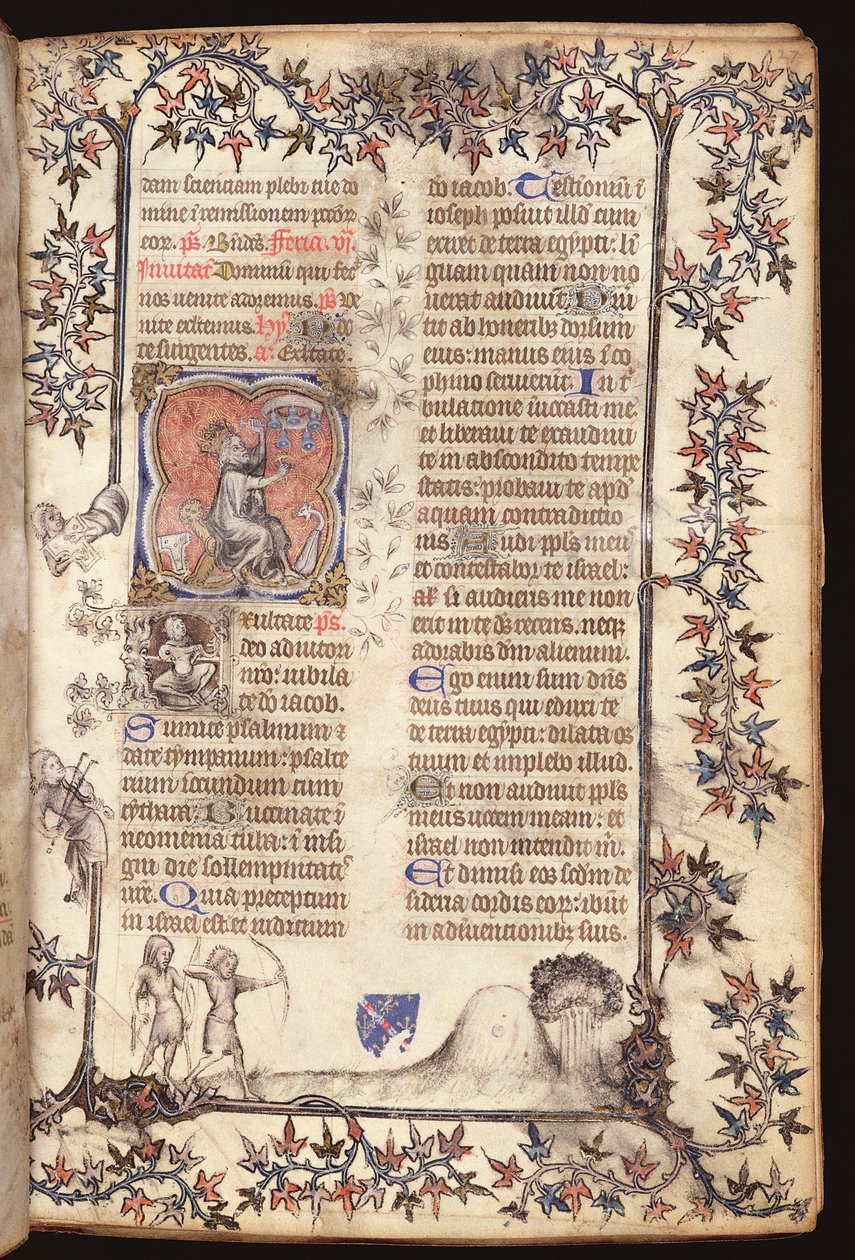Ms 306 f.27r Rey David sentado toca un repique de cinco campanas, de un Breviario, Uso de París, 1400 de French School