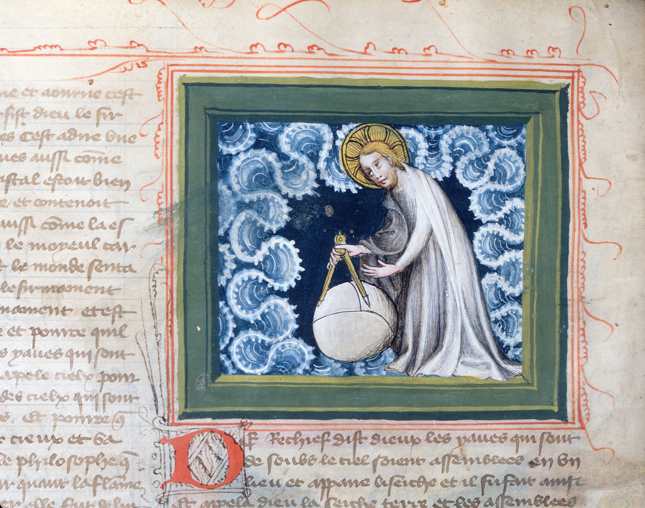 Ms 313 Dios creando el mundo, miniatura de la Biblia des Grands Augustins, 1494 de French School