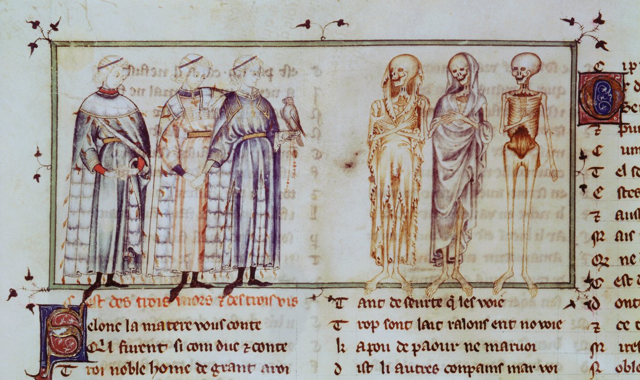 Ms 3142 fol.311r La historia de los tres hombres vivos y los tres hombres muertos, de Recueil de Poesies Francaises, c.1280-90 de French School