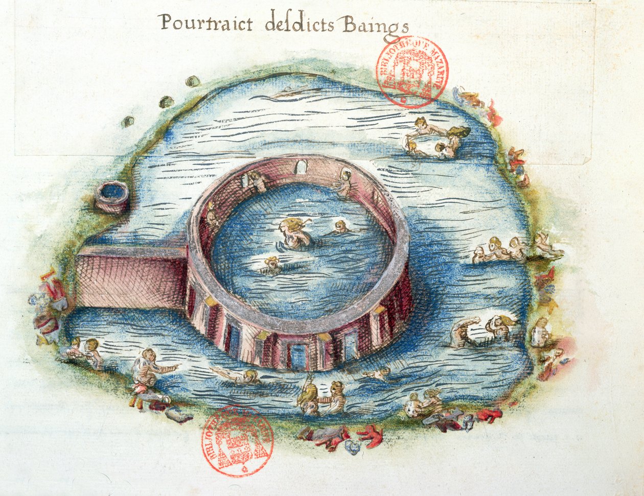 Los Baños de Bourbon-Lancy, ilustración de Generale Description du Bourbonnais por Nicolas de Nicolay, 1569 de French School